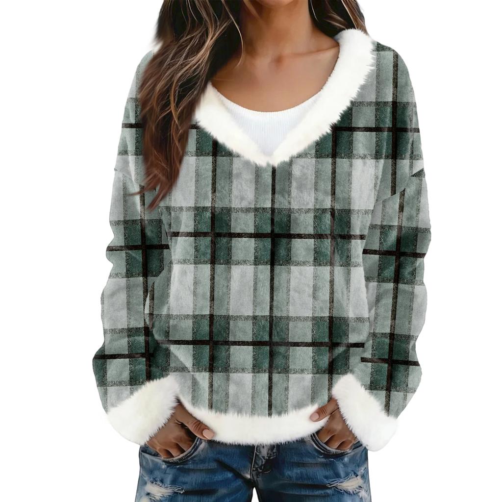 Dammode Plysch V-ringad Pullover Topp Långärmad T-shirt Tryckt Sweatshirt