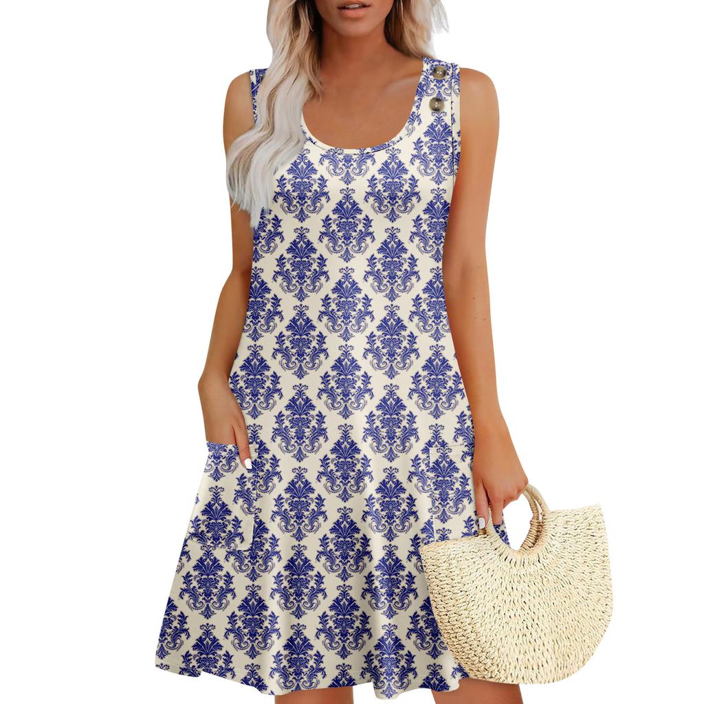Summer Dresses For Women Beach Boho Sleeveless Printing Flowy Pocket Tshirt Tank Sundresses