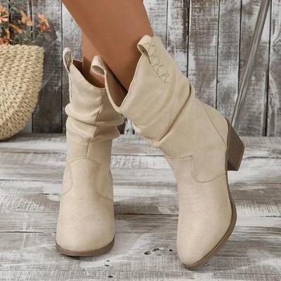 Damen Übergröße Vintage Mid-Calf Stiefel mit spitzer Zehenpartie, Blockabsatz und plissiertem Detail