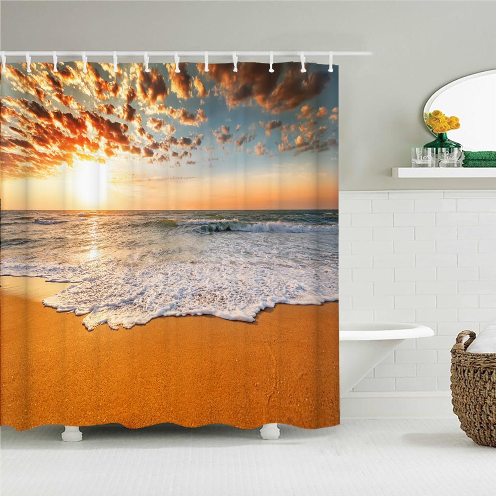 Beach Sea Palm Trees Shower Curtains Scenery Waterproof 3d Bathroom Curtains With Hooks Home Decoration Washable Bath Screen