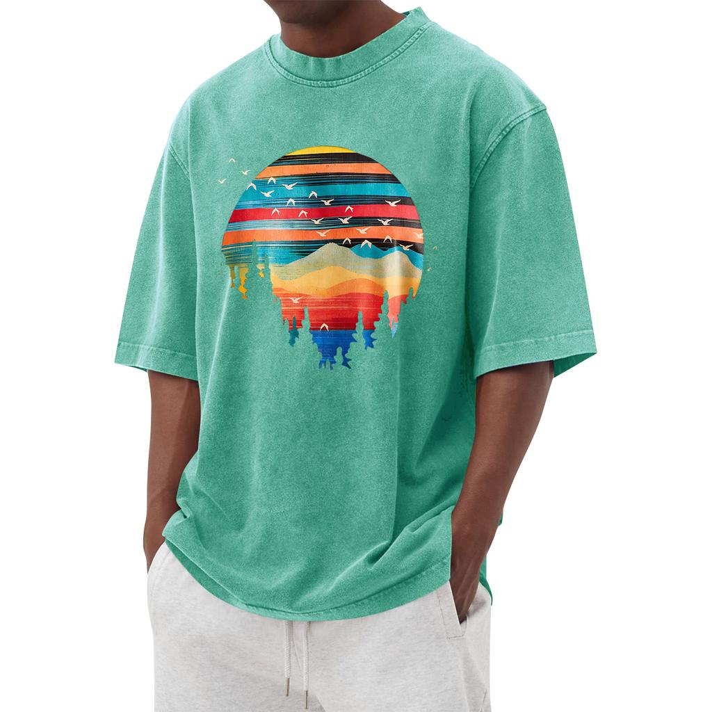 Men's Printed Round Neck T-Shirt Casual Sports Short-Sleeve Top