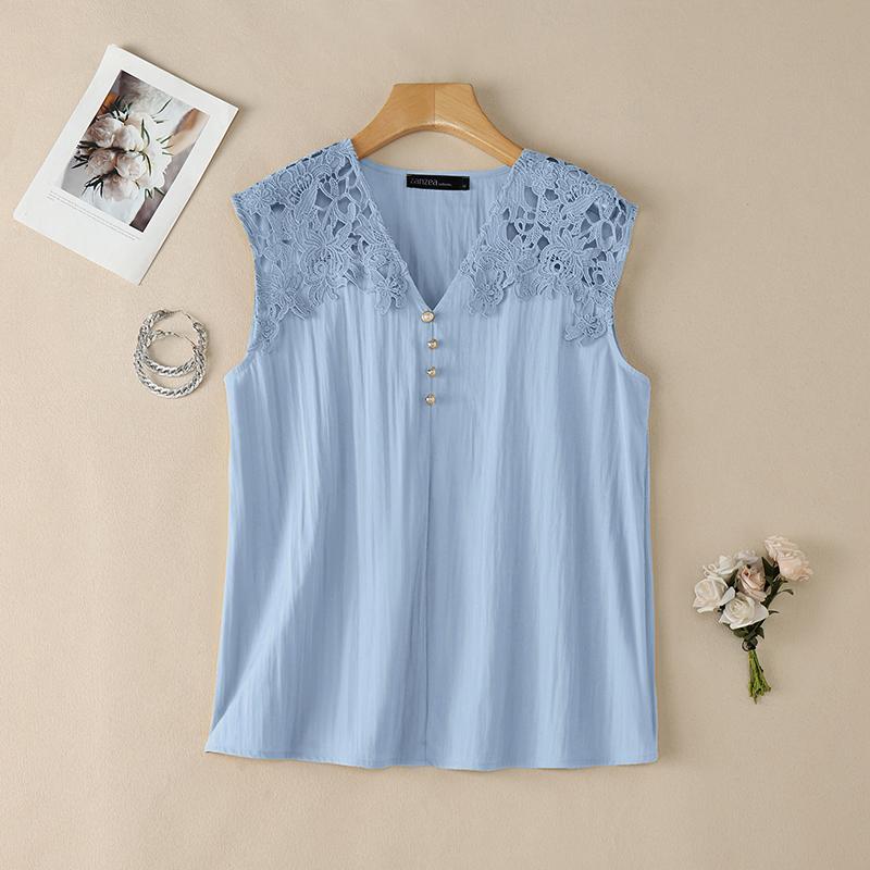 ZANZEA Women Hollow Lace Crochet Splice Round Neck Casual Sleeveless Tank Tops M