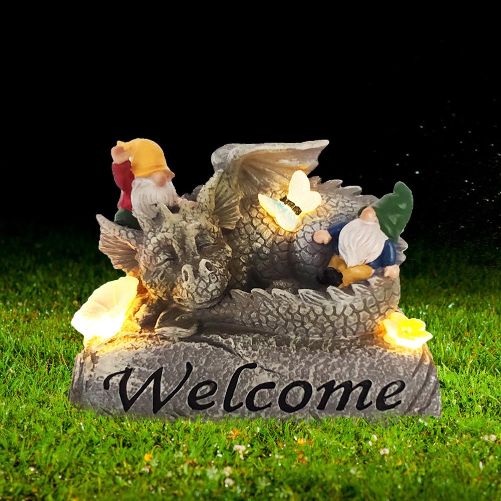 Resin Adorable Baby Dragon Figurines with Solar Light Waterproof Garden Sculpture Cute Dragon Statue for Patio Yard Lawn Porch