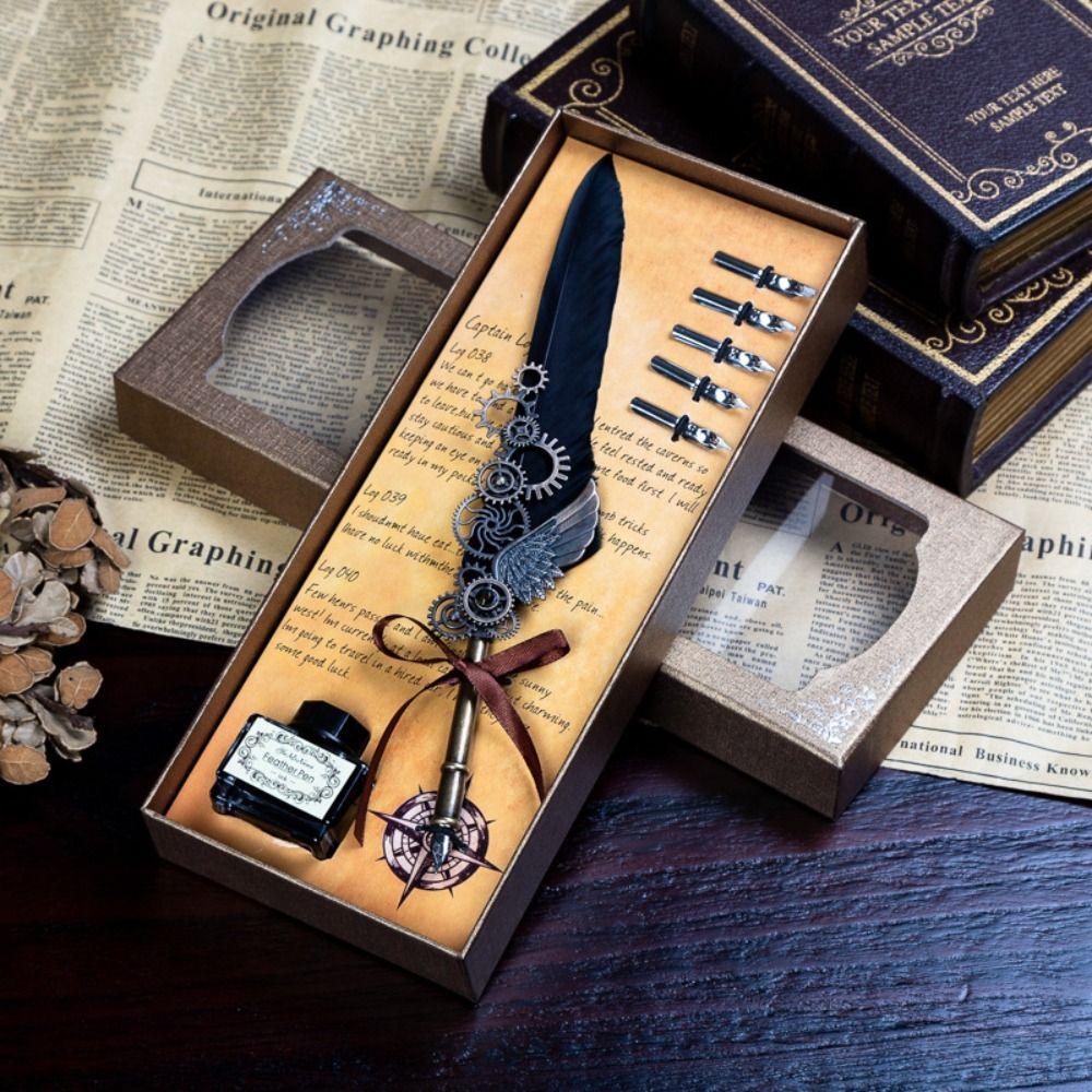 Boxed Dipped ink pen Quill Feather Dip Pen with 5 Nib Set Fountain Pen with Ink Calligraphy Pen