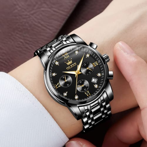 Olevs Men's Watch: Black Quartz, Waterproof, Analog, Business Watch with Date Display, Metal Band, Black Chronograph, Large Watch for Men, Casual Fash