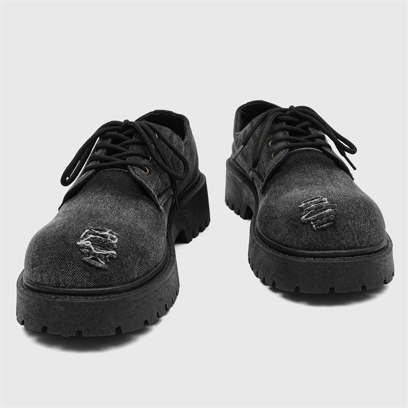 Fashion Men's Distressed Denim Platform Round Toe Derby Shoes Casual Big Head Leather Shoes Niche Avant-Garde Streetwear Shoes for Mens