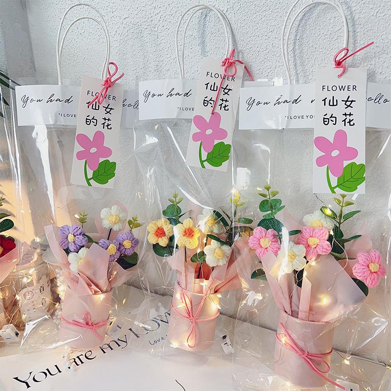 1 Set Hand Knitted Flower Handicraft Crochet Flower Bouquet With Led Light String Artificial Flowers Mother'S Day Gifts