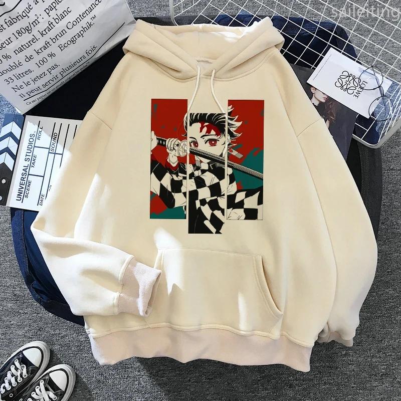 Japan Anime Demon Slayer Hoodies Japanese Casual Kangaroo Pocket Hoodie Harajuku Cartoon Manga Khaki Pullovers Aesthetic Clothes