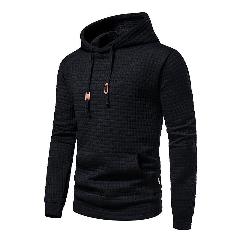 

2026 European Men s Casual Plaid Quilted Jacquard Cotton Hooded Pullover Sweatshirt 3XL чорний