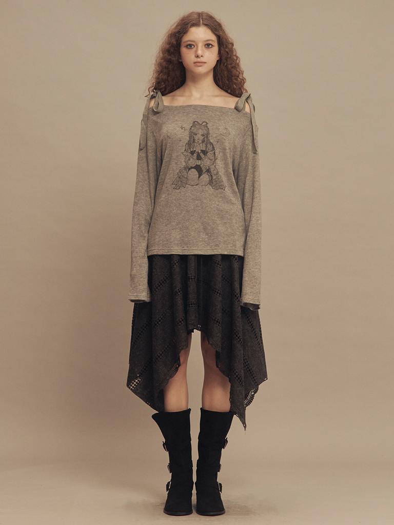 SETSETSET Water Lily Pattern Ribbon Knit Top Melange Gray