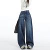 Hochtaillierte gewaschene tiefblaue Jeans für Damen Herbst Retro Weitbeinjeans