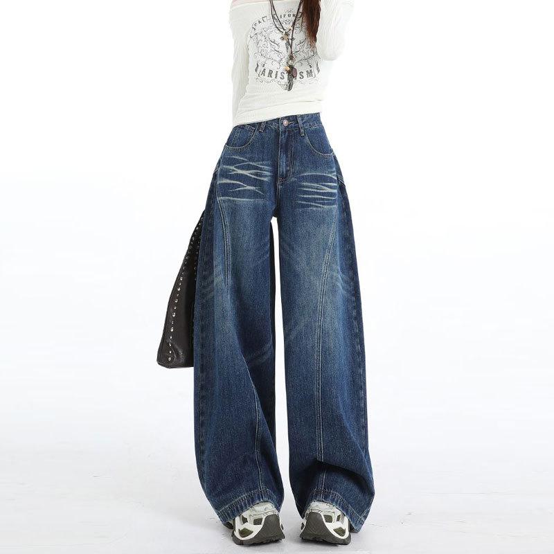 Hochtaillierte gewaschene tiefblaue Jeans für Damen Herbst Retro Weitbeinjeans