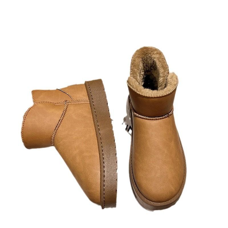 Large Size Winter New Women's Thick-soled Snow Boots Short Tube Piled and Thickened Waterproof Leather Thermal Cotton Boots