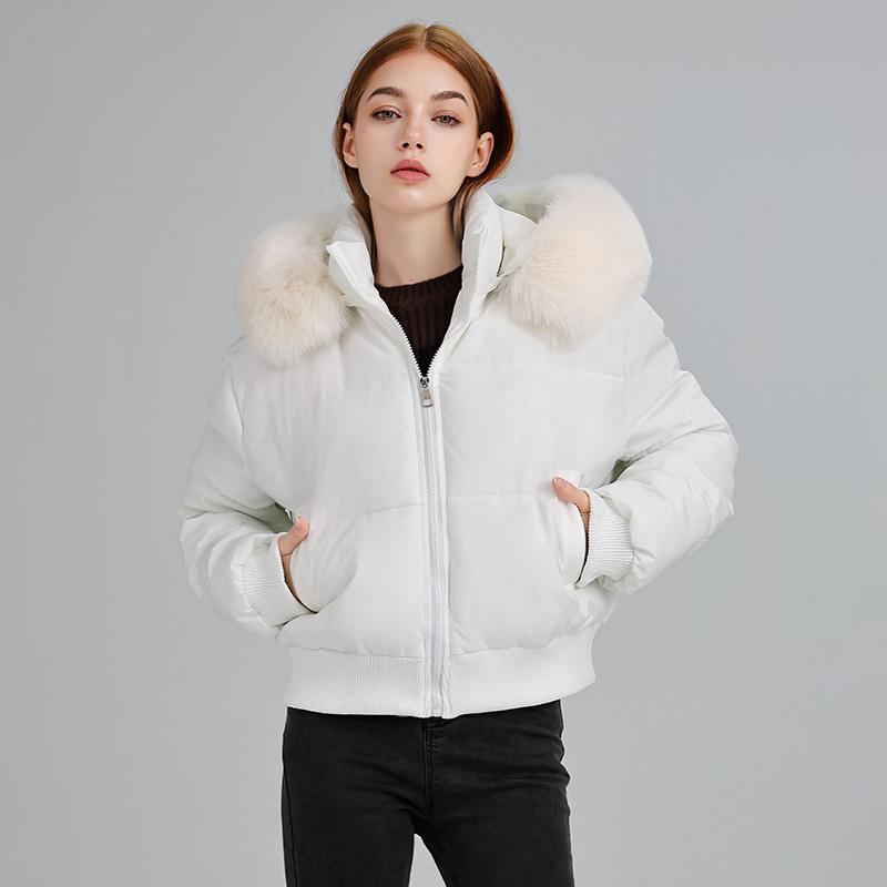 High waist big fur collar hooded short cotton jacket women's autumn and winter new down cotton jacket thin jacket