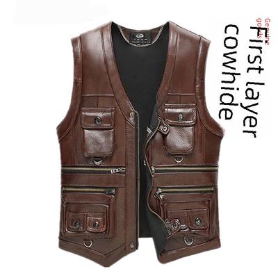 Herenvest van echt leer: Bovenlaag van runderleer, multi-pocket outdoor gilet, warme herfst-winter visjas voor middelbare leeftijd en ouderen.