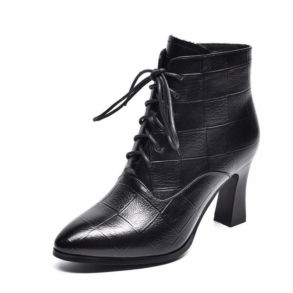 Women's Pointed Toe Lace-Up Chunky Heel Ankle Boots - 2025 Autumn/Winter, Embossed Cowhide