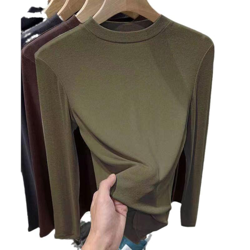 Herbst Winter Neue Modische Stilvolle Deutscher Samt Stehkragen Innen Weiß Basis Hemd Damen Slim Fit Langarm T-Shirt Top
