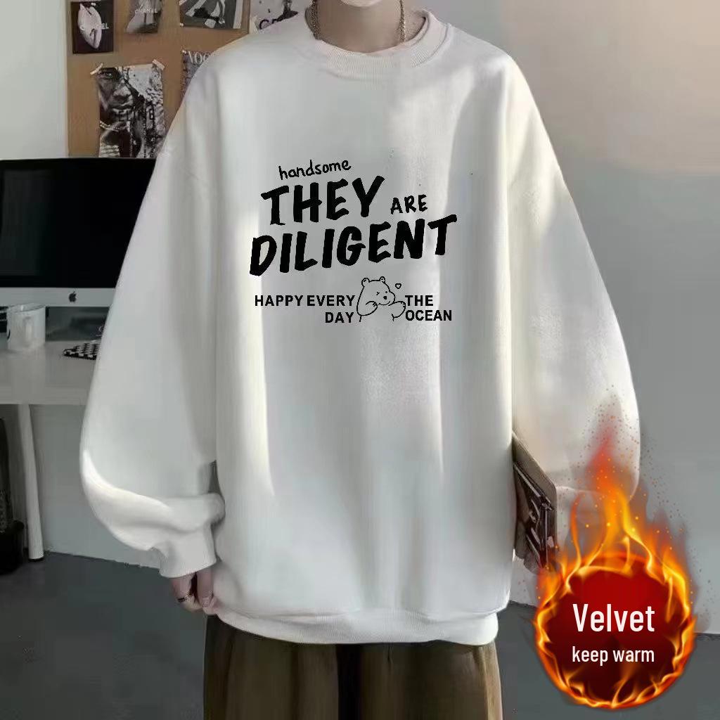 

Men s Winter White Round Neck Hoodie - Trendy, Loose, Casual, Velvet-Enhanced Top for Youth 3XL