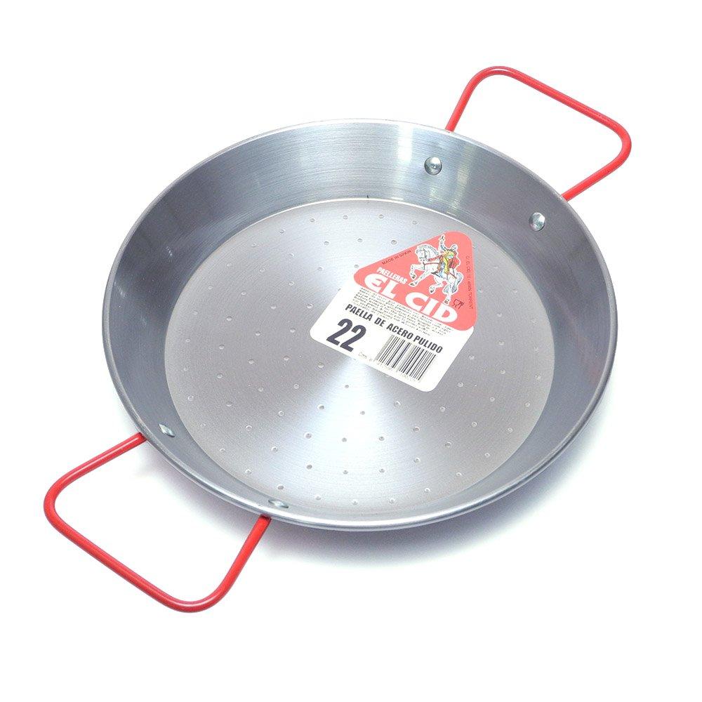 

EL CID Spanish Paella Pan with Red Handle, Professional Paella Pan with Recipe, 22cm, Serving for 1 Person