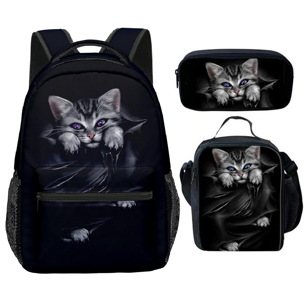 Classic Novelty Cool Cute Cat Pattern 3D Print 3pcs/Set Student School Bags Laptop Backpack Crossbody Lunch bag Pencil Case