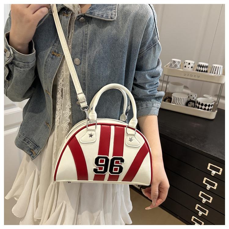 New Japanese Style Faux Leather Boston Bag for Women, Trendy Handheld Shoulder Crossbody Purse, Racing Style Bowling Handbag CLE