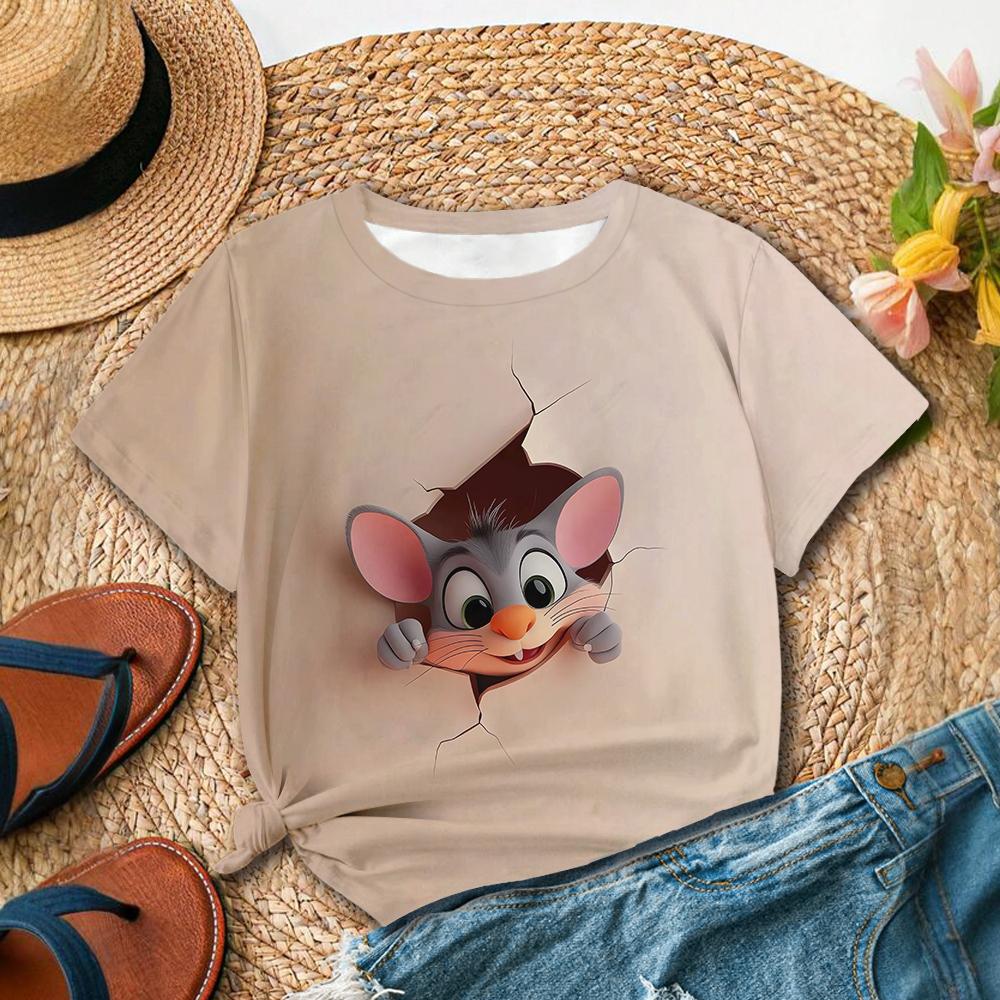 

Милая и Игривая Футболка с Принтом Мышки/кошки Женская Привлекающая Повседневная Мода Женская Летняя Футболка с Коротким Рукавом M