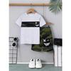 Camouflage patchwork boys' short sleeved shorts set with black and white camouflage print, full of cool feeling, summer outfit