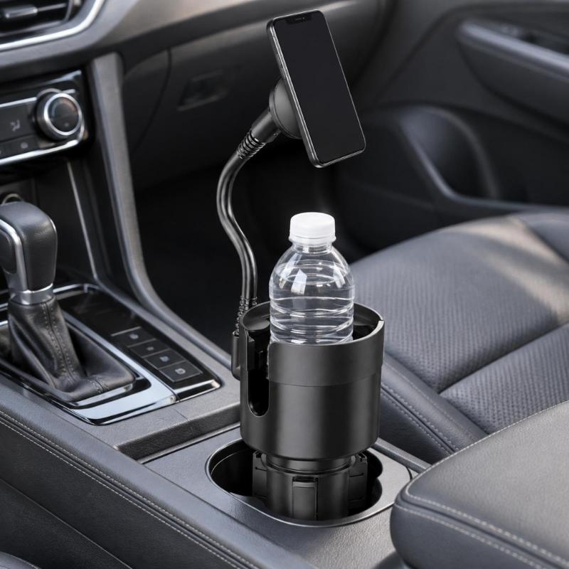 Car Cup Mount for Phone and Drink with Integrated Beverage Compartment, Curved Support Arm, and Cylindrical Base for In-Vehicle Storage