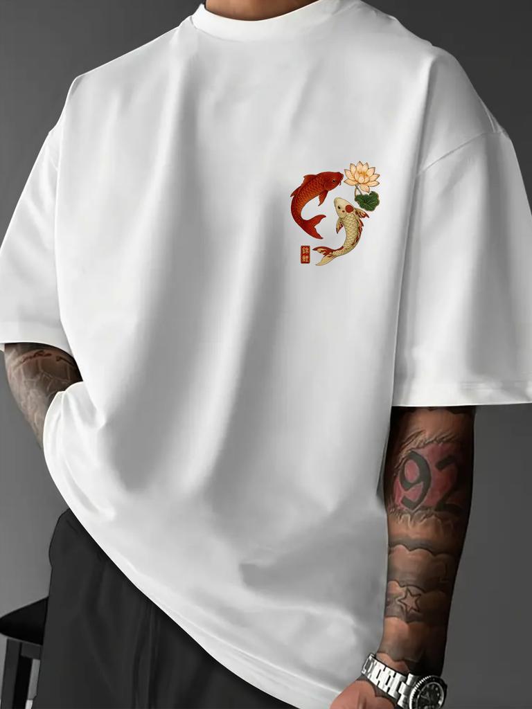 Stylish Mens T Shirt Featuring Red and White Koi with Lotus Design Ideal for Summer Everyday Wear