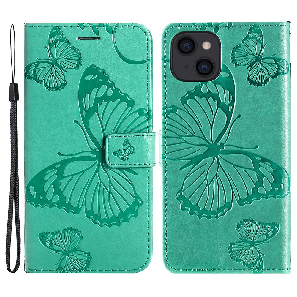 

For iPhone 15 Wallet Case Floral Butterfly Imprinted Leather Phone Cover Stand Green