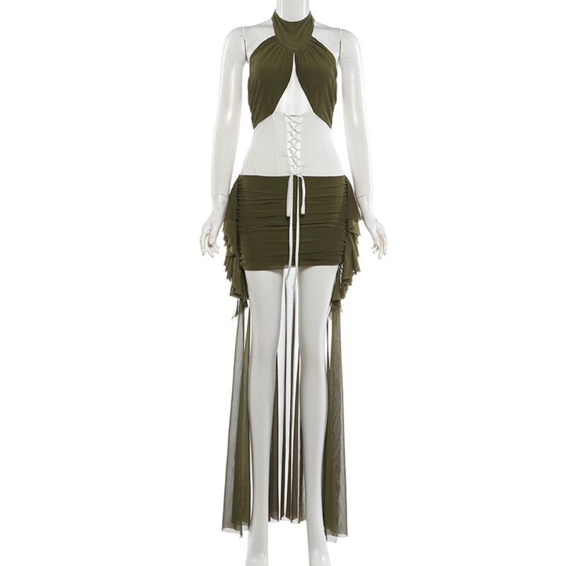 Kliou Color Blocking Long Dress Woman Halter Hollow Backless Mesh Ruffles Tassel Decoration Midnight Prom Party Elegant Vestidos