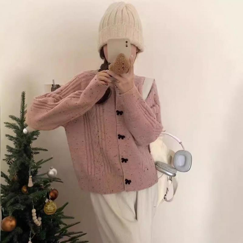 Korean autumn and winter new lazy style bow colored dot twist sweater jacket women's fashion thin knitted cardigan