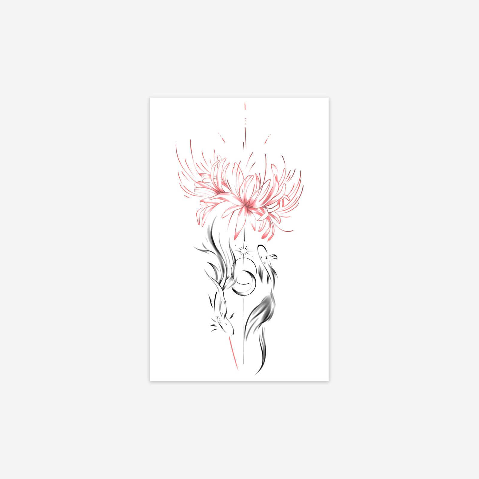 Higan Flower Sun Moon Koi Tattoo Sticker Waterproof Lasting Spice Girl Premium Sense Niche Arm Tattoo Sticker 12*19