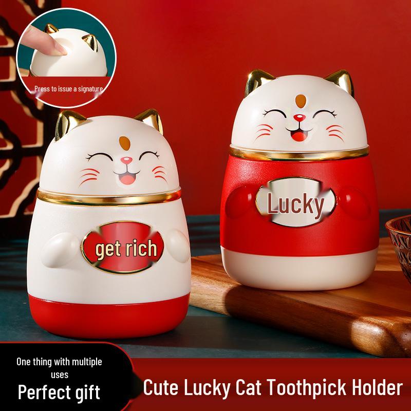 Cartoon Cute Lucky Cat Automatic Toothpick Holder & Dispenser - Chinese Style Storage Box