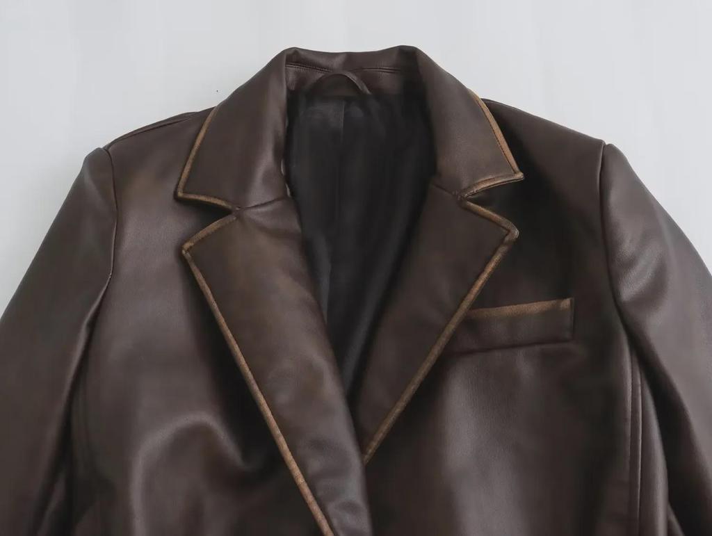2023 Autumn Women's Mid-Length Distressed PU Leather Trench Coat