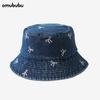 Watermelon embroidered denim bucket hat men's wide eaves sunshade fashionable versatile face small bucket hat girls sunscreen hat