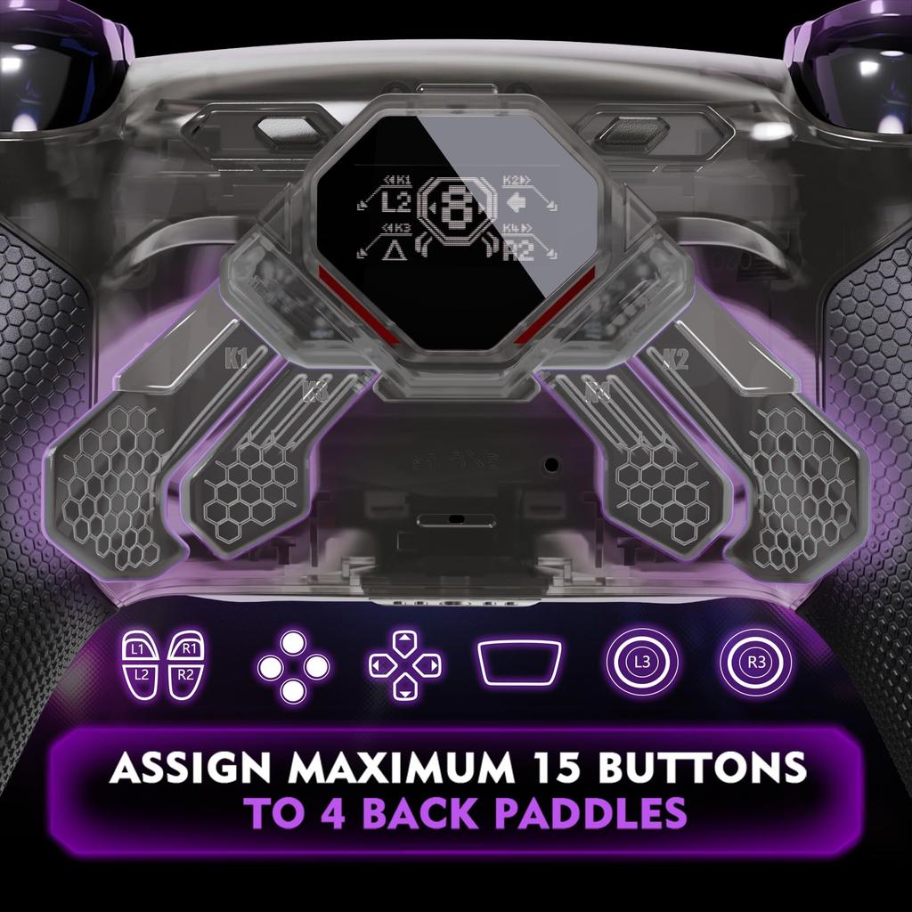 eXtremeRate SPARK Back Paddle Kit for PS5 Controllers featuring OLED click trigger ergonomic and remapping 4 back buttons (BDM-010 & 020), display,