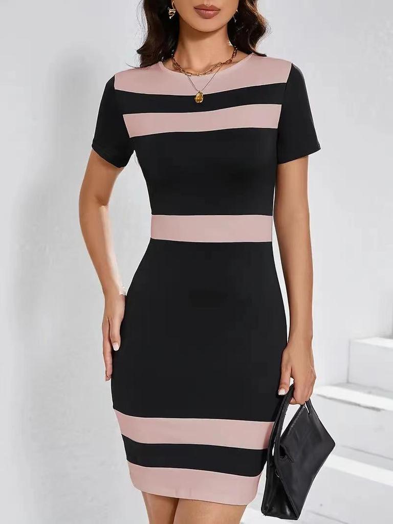 European Fashion Color Block Round Neck Women's Short Sleeve Dress (2026 Edition)