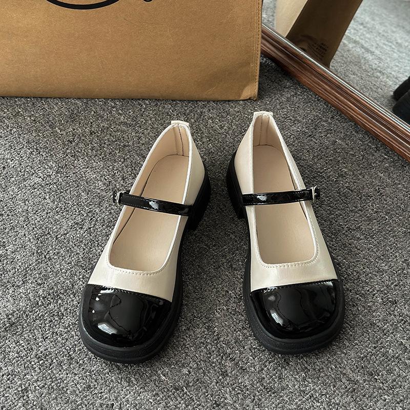 

Кожаная обувь для женщин 2024 новая весна стиль маленького аромата колор-блок круглый носок толстая подошва неглубокий вырез грубый одинарный 40 бежевый