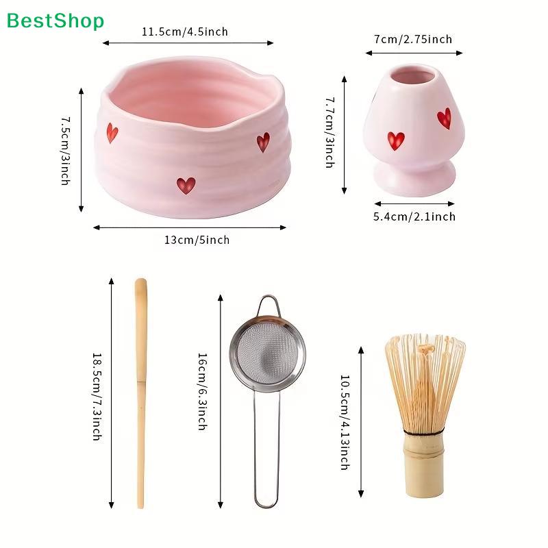 Pink Heart Matcha Whisk Set | Bamboo Chasen & Ceramic Bowl/Stand Kit for Matcha Preparation