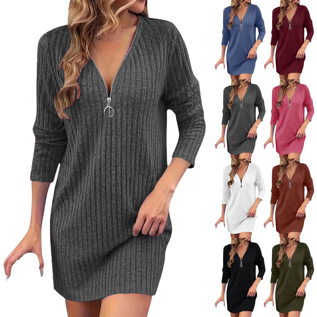 Women's Color Knitted V-Neck Long Sleeve Zipper Dress for Casual Wear