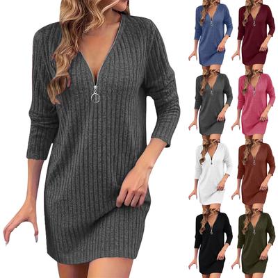 Women's Color Knitted V-Neck Long Sleeve Zipper Dress for Casual Wear