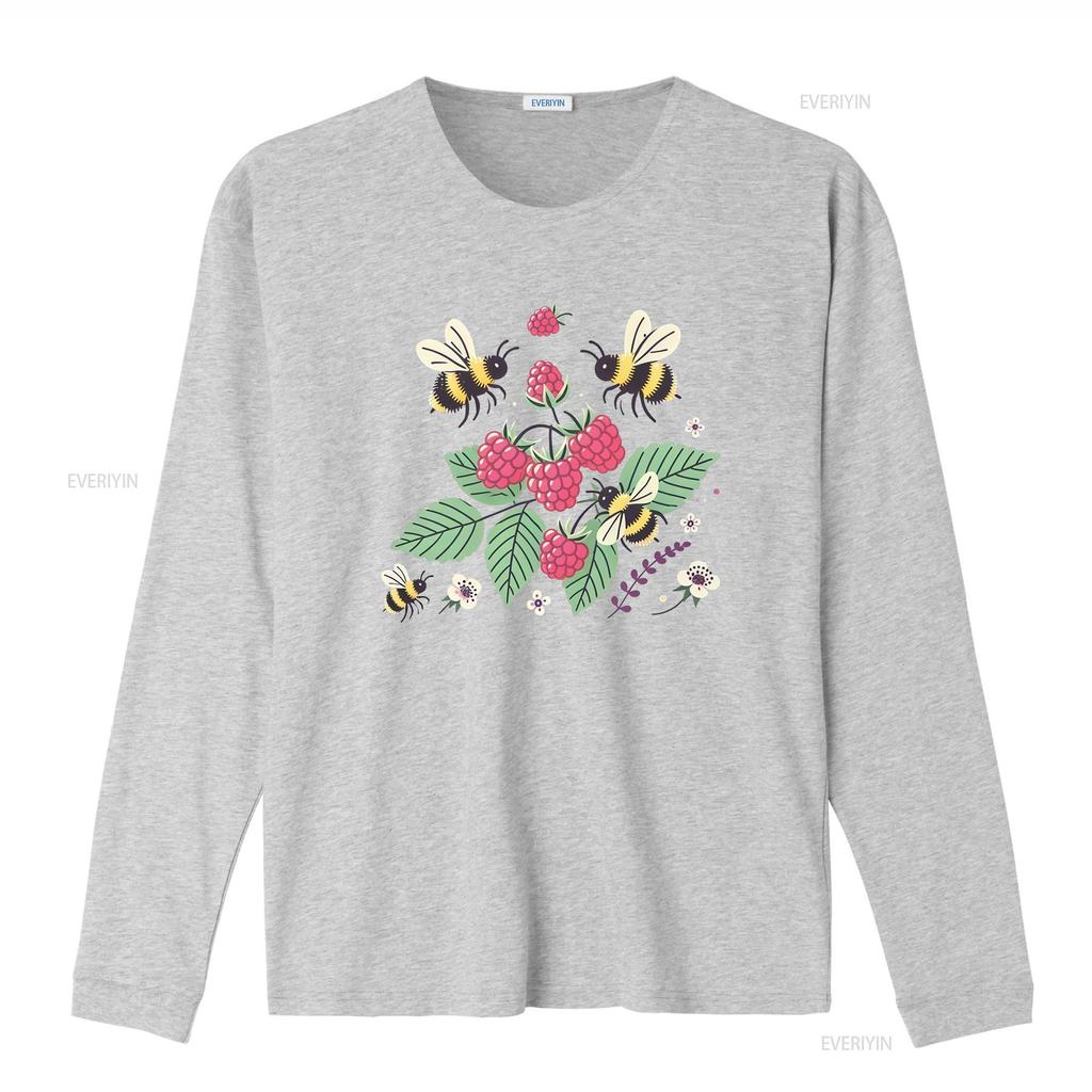 Cute Cartoon Bumblebee Raspberry Wild Floral Nature Print Casual T Shirt vintage Washed Stylish Unisex Stretched Versatile