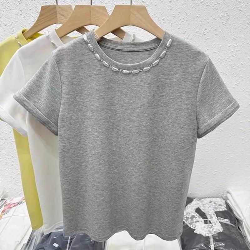 Women's Pearl Beaded Crew Neck Short Sleeve Casual T-Shirt