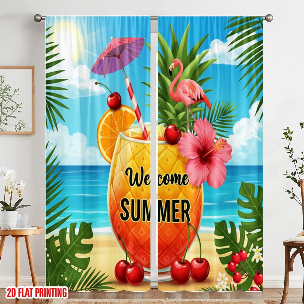 2pcs 2D Flat Printing Party Curtains Welcome Summer Tropical Drink Polyester Without Electricity Festive Holiday Use for Home