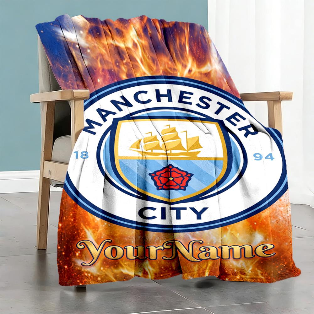 Manchester City Customize Text Blanket Gift Customizable Blanket Comfortable Suitable for Chair Bed Sofa Home Decor Ideal for All Seasons