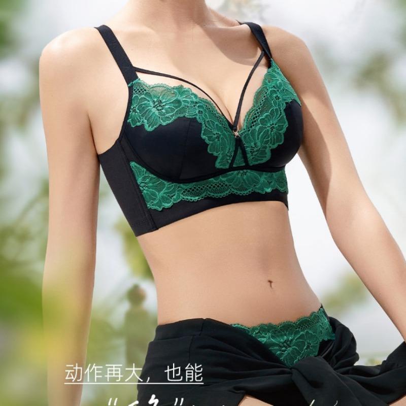 Sexy Kontrasterende Blonder Brystjusterings-BH-sett for Liten Byste Samlet Middelstykke Kopper Sideforhold Brystkontroll