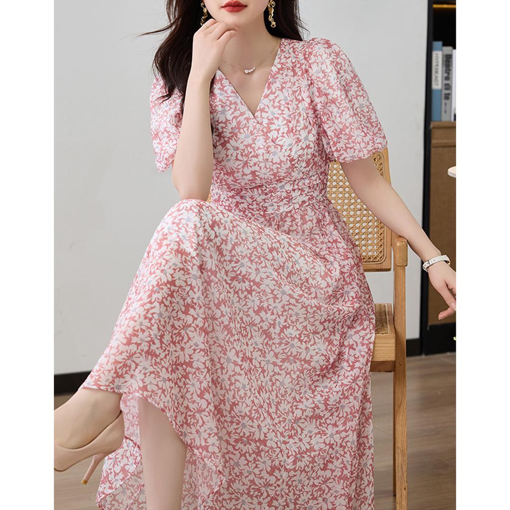 Summer V-neck Mid-Length Tencel Dress