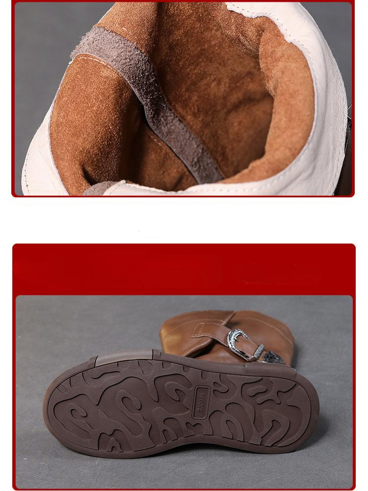 Johnature Genuine Leather Flat Mid-calf Boots For Women's Vintage Solid Color Side Zippered Boots