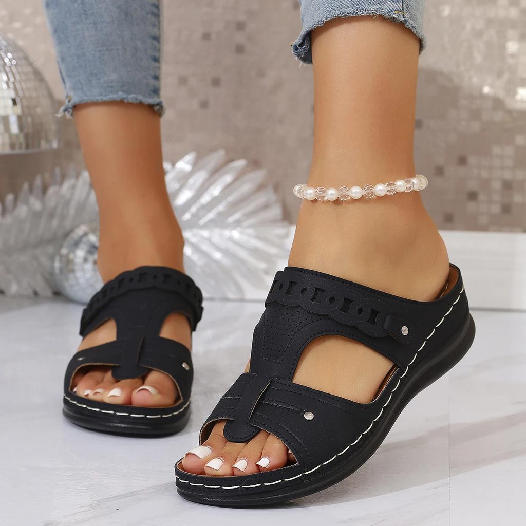 Sommer Damen Keilpantoletten Premium Orthopädische Sandalen Offene Zehen Vintage Lässige Pantoletten Damen Plateau Retro Schuhe Slides Damen